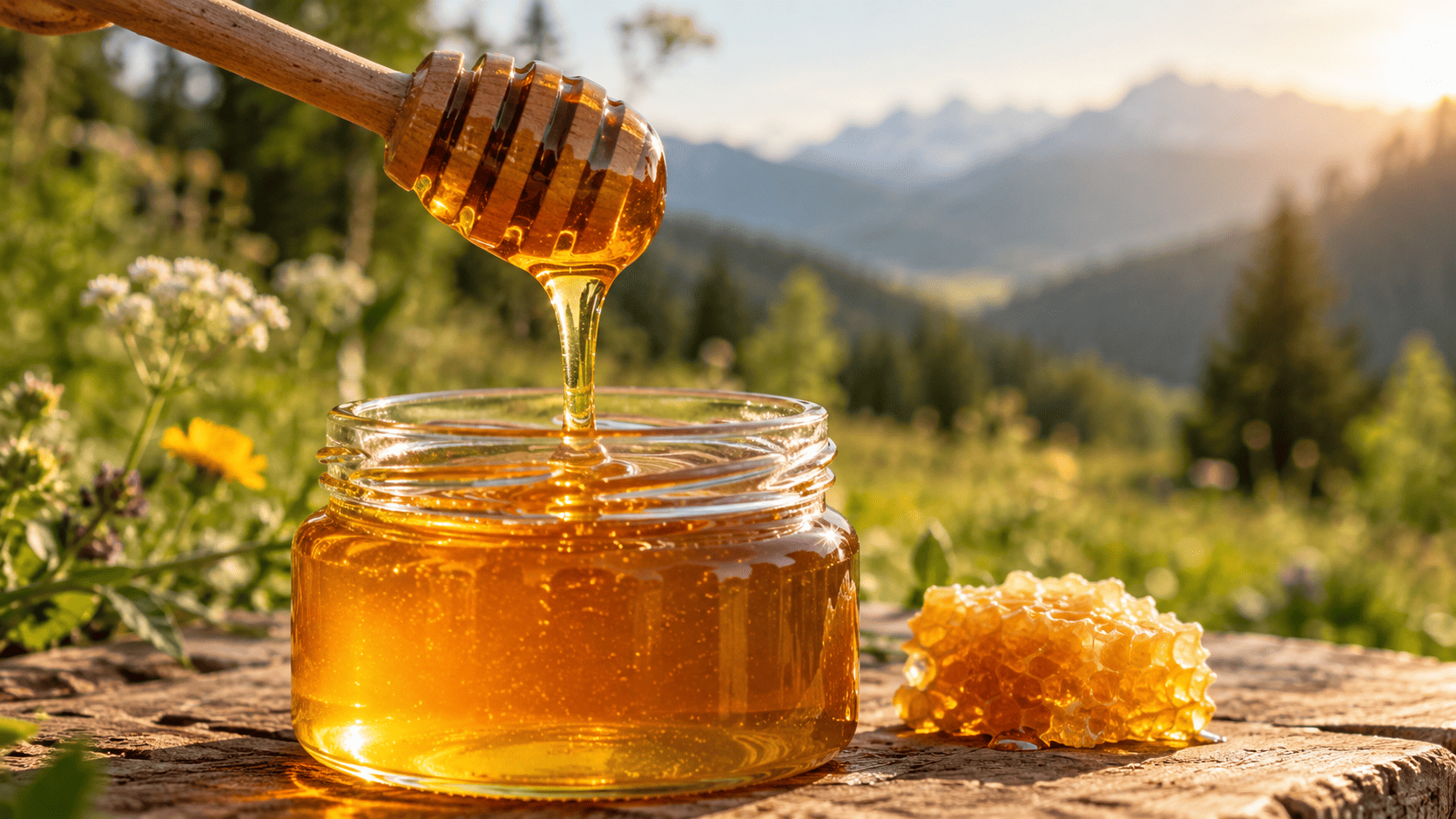 Altai-Honig im Glas mit Honiglöffel vor Bergwiese und Gebirgspanorama