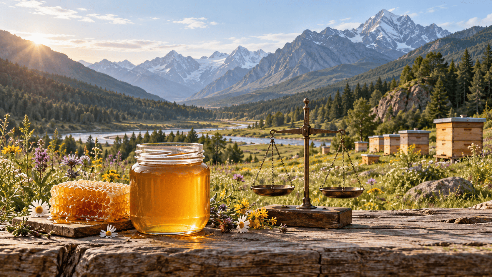 Imkerei im Altai-Gebirge: Bienenstöcke auf Bergwiese vor schneebedeckten Gipfeln