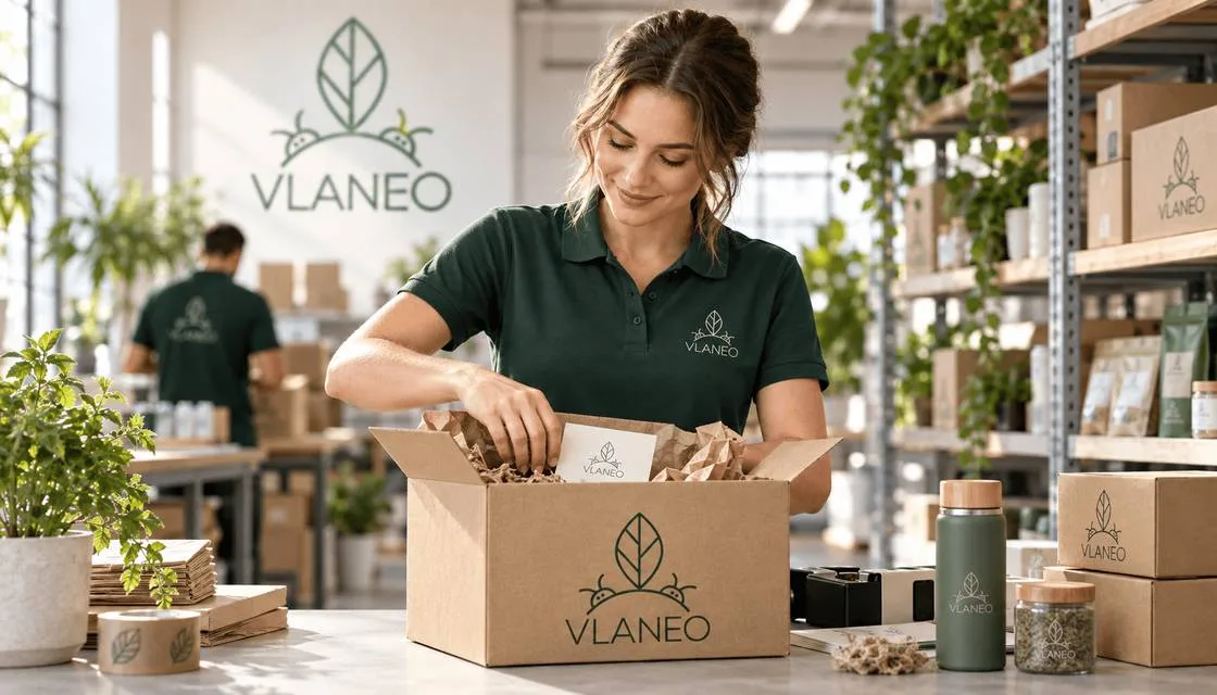 Vlaneo B2B-Großhandel: Mitarbeiterin verpackt eine Händler-Bestellung im Lager