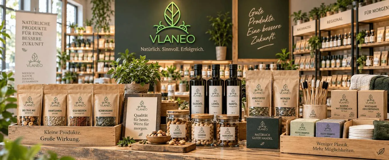 Vlaneo Sortiment im Verkaufsregal eines Einzelhändlers – B2B-Großhandel für Wiederverkäufer